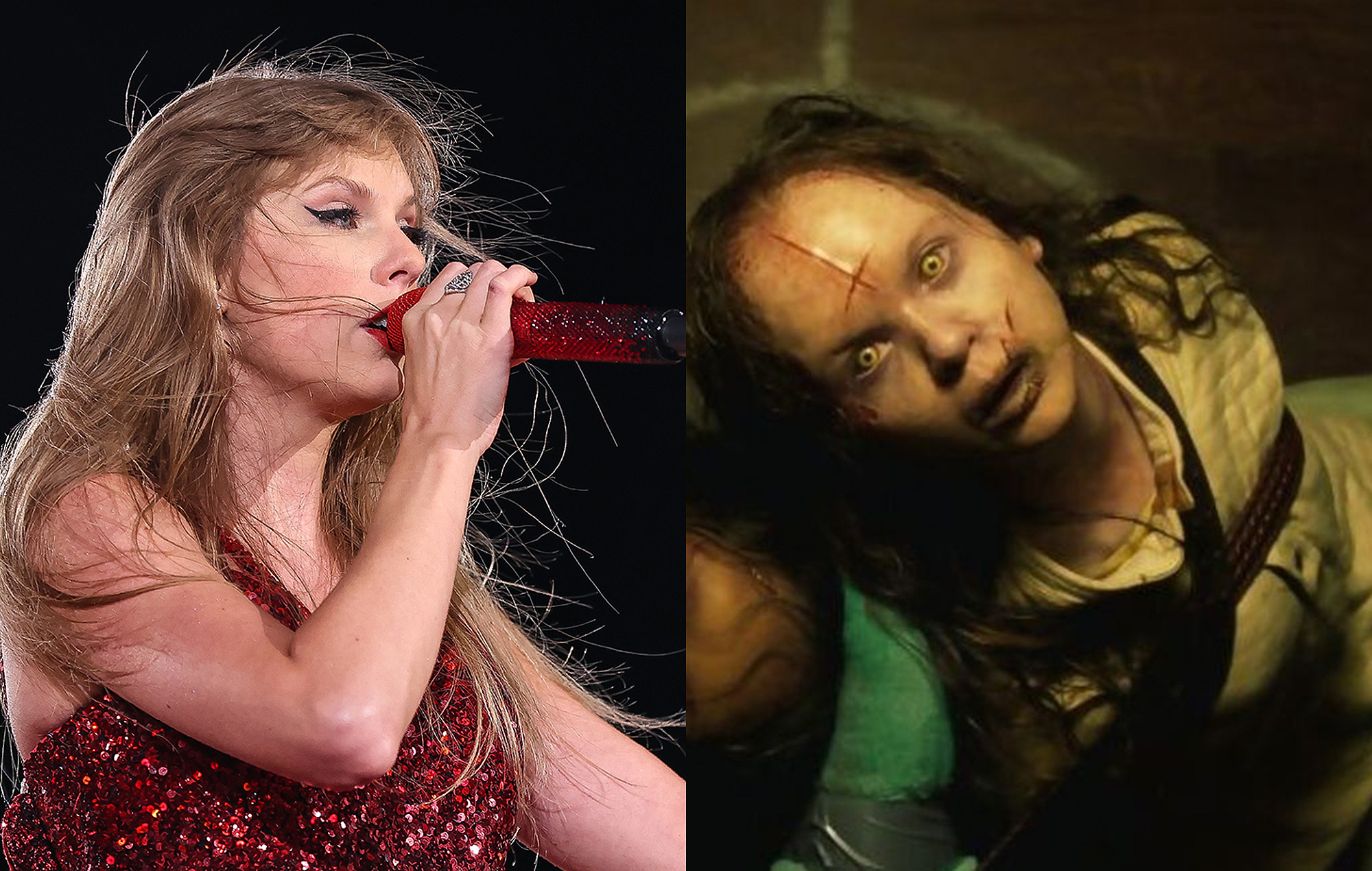 Taylor Swift in a composite image with a character from 'The Exorcist: Believer'