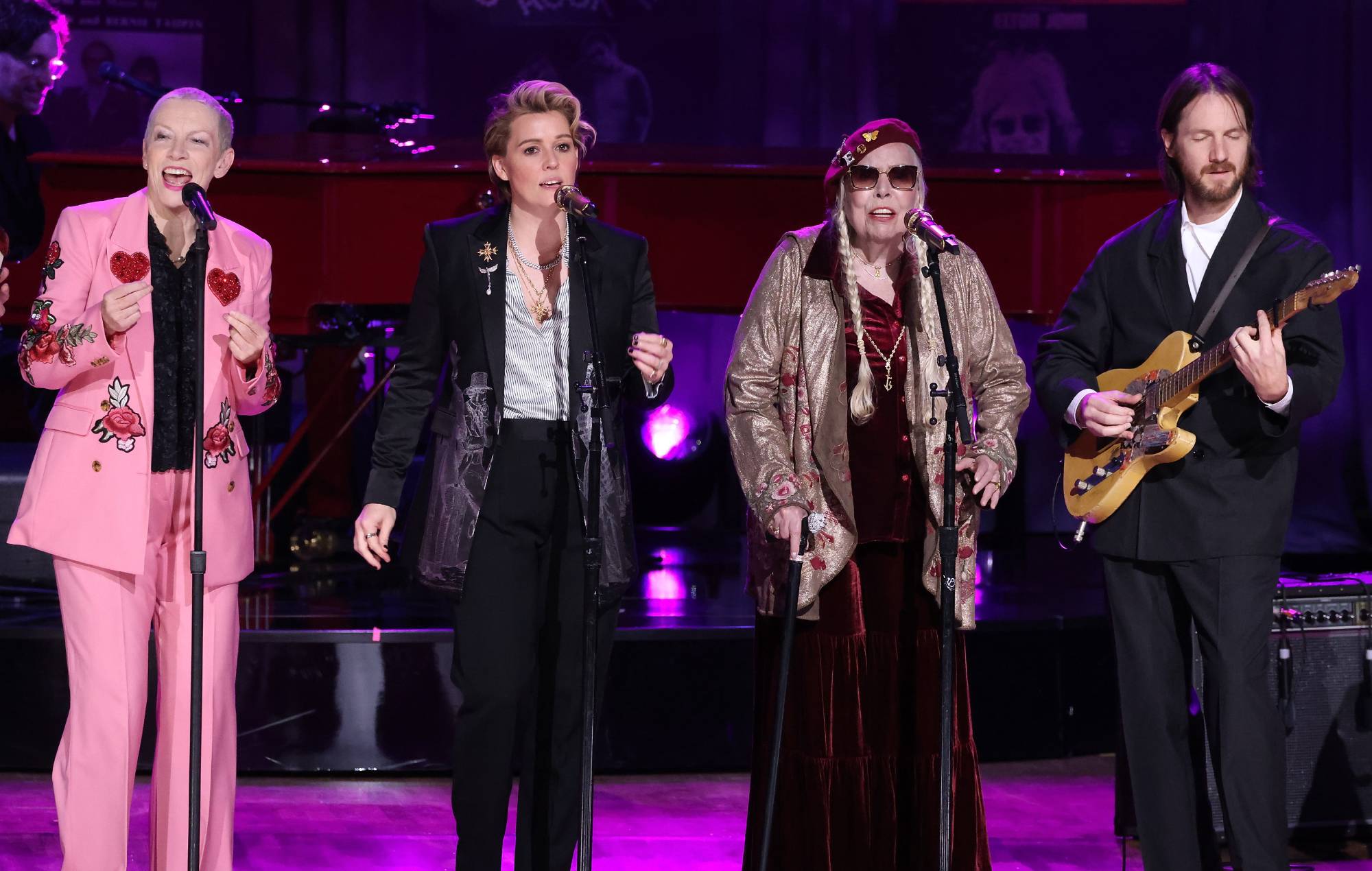 Annie Lennox, Brandi Carlile, Joni Mitchell, and Blake Mills perform during the 2024 Gershwin Prize for Popular Song presentation to Elton John and Bernie Taupin by the Library of Congress at DAR Constitution Hall on March 20, 2024 in Washington, DC. (Photo by Taylor Hill/WireImage)