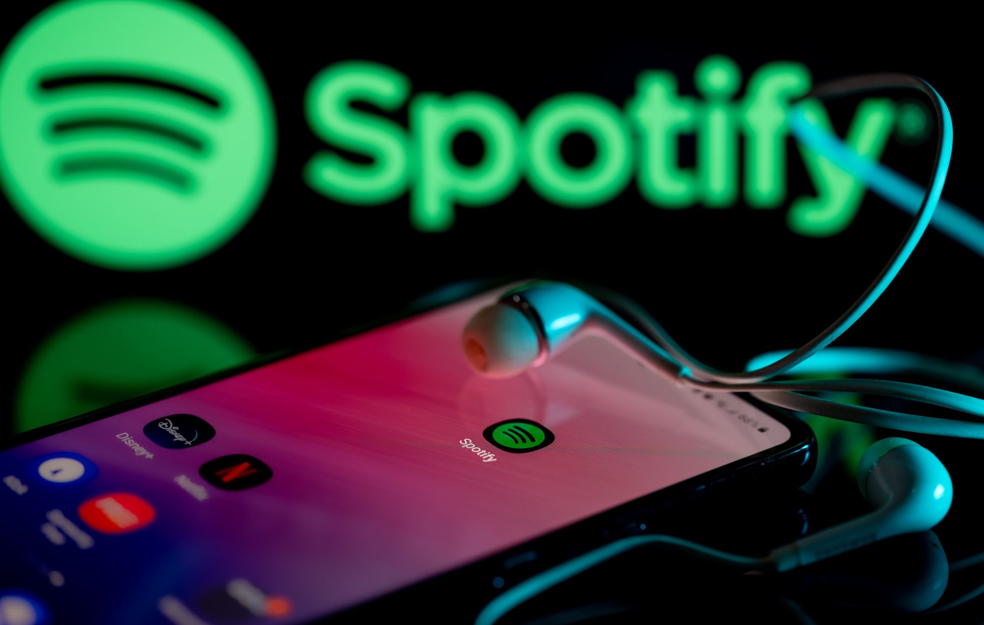 Spotify logo displayed on a smart phone with Spotify seen on screen, in this photo illustration, on 15 August 2023 Brussels, Belgium.